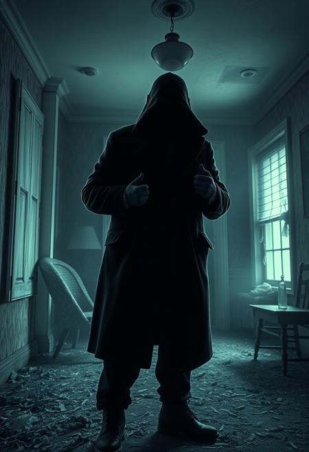 Secret detective, there has been a mysterious murder in an abandoned house. Misty interior. Time of murder is Christmas eve