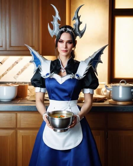 a cute dorugoramon maid standing in a kitchen and holding a bowl of soup,full body,dress,dragon maid,horns,forehead jewel,wings, raw photo,cinematic shot,realistic,professional lighting,professional photography, <lora:DORUgoramon:0.65>