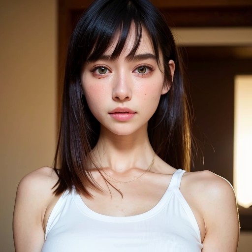best quality, ultra high res, (photorealistic:1.4), girl, a girl in a white top , ( black hair:1), ((puffy eyes)), looking...