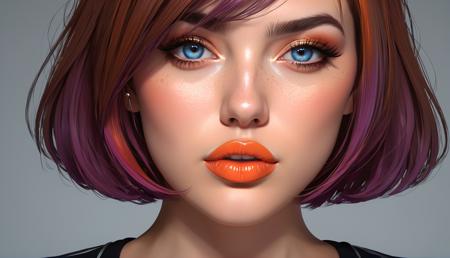 large lips, (cartoon:1.3) , huge lips, Orange lips, illustration, anime, (dreamlikeart style:0.5), ( redshift style:0.9), (analog style:0.9), (studio_ghibli_anime_style style:0.9), (copeseethemald style:1), (thepit bimbo:1), (glossy sexy bimbo:1), ([Isla( :0)Fisher|Elle( :0)Macpherson|Rose( :0)Byrne]:1.1), young woman, 1girls, solo, detailed face, symmetric, glossy, multicolored hair, cute, cleavage, plunging neckline, large round breast, lips, light goth esthetic, (blue realistic eyes:1.1), detailed pu(:0)pils, centered, looking away, profile, skin pores, subsurface scattering, detailed skin, imperfect, studio lights, sun spots on skin, (freckles:0.6), realistic proportions, masterpiece, best quality, realistic, hyperrealistic, sharp focus, absurdres, good anatomy, expressive eyes, large lips, (cartoon:1.3) , huge lips, Brown lips, illustration, anime, (dreamlikeart style:0.5), ( redshift style:0.9),
