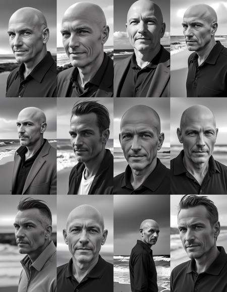 b&w photo of 42 y.o man in black clothes, bald, face, half body, body, high detailed skin, skin pores, coastline, overcast weather, wind, waves, 8k uhd, dslr, soft lighting, high quality, film grain, Fujifilm XT3