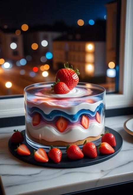 8k analog photo, unmanned, a whole cake, cake made of see-through Cosmic, whipcream, strawberry, on table, an art deco, elegant, sophisticated, night city scape from window blurry background,