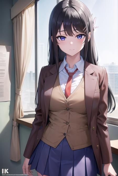 maisakurajima, <lora:maisakurajima-lora-nochekaiser:1>, 
sakurajima mai, long hair, bangs, (black hair:1.5), hair ornament, (purple eyes:1.2), hairclip, rabbit hair ornament, <lora:sensualface_type2:1>, smile,
BREAK skirt, shirt, school uniform, white shirt, short sleeves, pantyhose, pleated skirt, collared shirt, blue skirt, black pantyhose, red necktie, jacket, (brown jacket:1.5),
BREAK indoors, classroom,
BREAK looking at viewer, (cowboy shot:1.5),
BREAK <lyco:GoodHands-beta2:1>, (masterpiece:1.2), best quality, high resolution, unity 8k wallpaper, (illustration:0.8), (beautiful detailed eyes:1.6), extremely detailed face, perfect lighting, extremely detailed CG, (perfect hands, perfect anatomy),