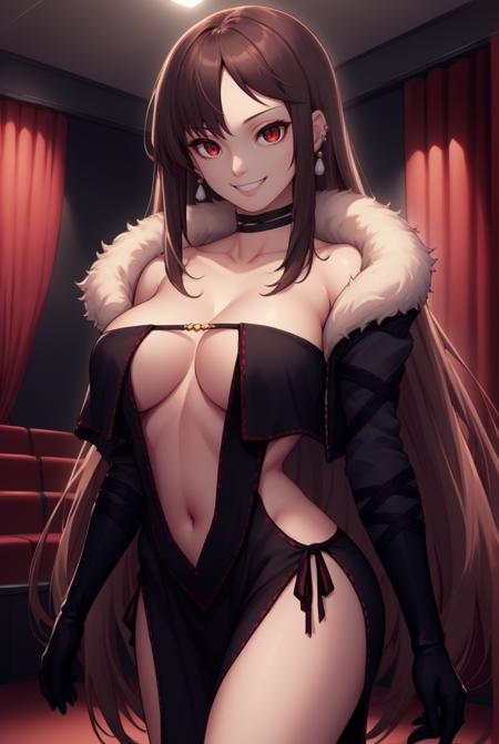 Yu_Mei-Ren_Default, red eyes, brown hair, straight hair, very long hair, black dress, ribbon-trimmed dress, sleeveless dress, side-tie dress, hip vent, breast strap, no bra, center opening, side slit, black ribbon, black gloves, elbow gloves, black choker, multiple earrings black jacket, fur-trimmed jacket, long sleeves Yu_Mei-Ren_FirstAsc, red eyes, glasses, black-framed eyewear, brown hair, braided ponytail, very long hair, black dress, blue bodysuit,  vertical-striped bodysuit,  ribbon-trimmed dress, sleeveless dress, side-tie dress, layered dress, hip vent, breast strap, side slit, black ribbon, black gloves, elbow gloves, black choker, multiple earrings Yu_Mei-Ren_Swimsuit, brown eyes, twintails, brown hair, long hair, eyewear on head, sunglasses, tinted eyewear, swimsuit, white bikini, eyepatch bikini, off-shoulder bikini, red ribbon, front-tie top, off shoulder, robe, multiple earrings, hair ornament, cat hair ornament