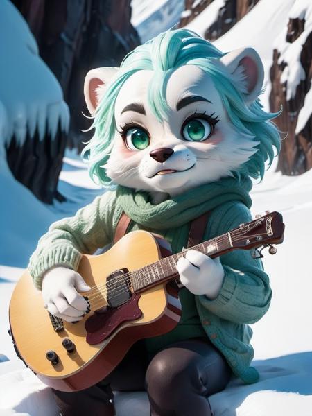 8k,best quality,masterpiece,portrait,seductive,looking at viewer,
(by taran fiddler),(by darkgem:0.8),(by chunie:1),(holding electric guitar),
(anthro claycalloway:1.2),dark green hair,(male),detailed fur,tough guy,handsome,white sweater,(detailed pixar eyes:1.2),detailed eyes,
singing,mouth open,sitting,relaxed,
Snowy mountain passes,frozen lakes,ice caves,skiing opportunities,winter wonderland,pristine landscapes,
chibi,<lora:chibi:0.8>,