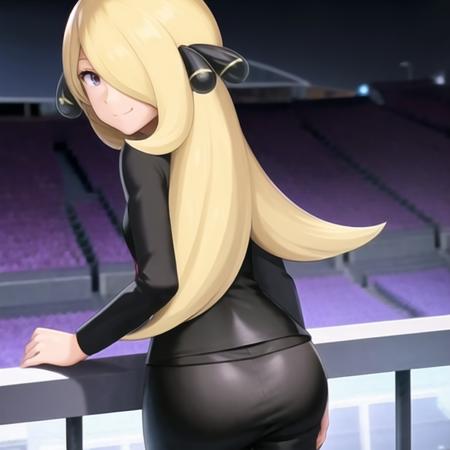 <lora:character_pokemon_cynthia_v3:0.7> (stadium), night, 1girl, character_pokemon_cynthia, solo, standing, from behind, from above, from side, hair over one eye, looking at viewer, looking back, smile, closed mouth, v-neck, long sleeves, pants, hair ornament