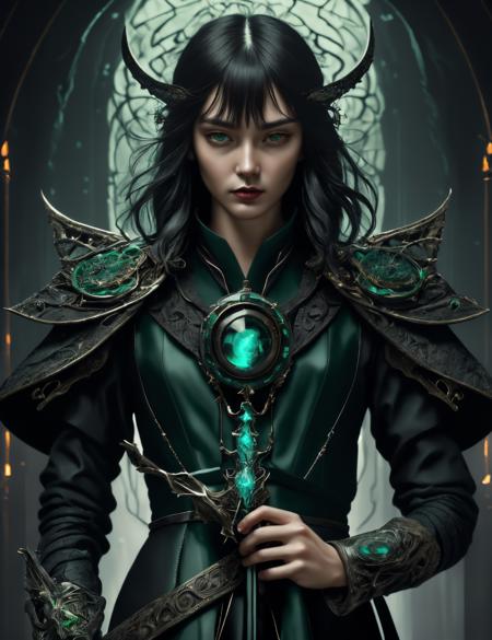 : ((best quality)), ((masterpiece)), ((realistic,digital art)), (hyper detailed),DonMD34thM4g1c4tt1r3 Sorcerer,Wispy bangs, Holding a Prop, Holding a prop with a seductive gaze, adding an element of intrigue and sensuality  <lora:DonMD34thM4g1c4tt1r3_v2-000009:0.85>