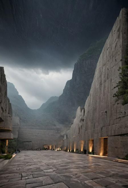 (POV view , DOF, first people view from the entrance, low angle shot:1.4), in haevy rain,
(Ancient civilization, Alien Prometheus movie scene, dune movie scene:1.5), (The colonial city of the future, in the mist-filled Grand Canyon, on an unknown Earth-like planet, 2 moon on sky, Spaceship flight connects colonies, waterfulls:1.3), (Machu Picchu, a mountain settlement, incredibly spectacular:1.2), (Mario Botta:1.3), (avant-garde, future, reality, science fiction, photorealistic), (modern architecture:1.2), White limestone and black granite, fountain, waterfall, landmark, square, path, narrow street,
(Large Files, Ultra Realistic, 8K, 16k, FHD, HD, VFX, Perfect, Photography, composition, Architecture Sales Photography, Architecture Competition, Ultra High Resolution, Cinematography, High Resolution Image:1.1), (dramatic lighting, direct sunlight, ray tracing, clear shadow:1.2),  (real landscape:1.1), (blurred background:1.0), (urban background, more_details) ,
extremely detailed, hillscastel, great lighting, MInimalist Style House