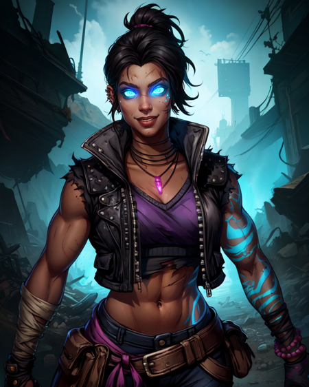 Amara,black hair,ponytail,toned,blue left arm tattoo,scars,smiling,glowing,glowing eyes,glowing tattoo,blue eyes,
right fingerless glove,ear piercing,midriff,crop top,torn clothes,vest,bracelet,pants,necklace,belt,
standing,upper body,
wasteland,
(insanely detailed, beautiful detailed face, masterpiece, best quality),<lora:Amara-10BL3v7:0.7>,