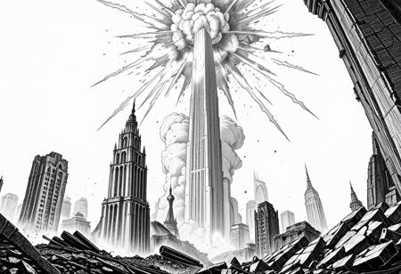 monochrome, greyscale, sketch, traditional media, graphite (medium), simple background, white background, no humans, animal focus, pig, weapon, cannon, city, cityscape, building, tower, destruction, explosion, debris, smoke, ruins, majestic, powerful, fantasy, science fiction, emphasis lines, dramatic angle, from below, full body, standing, lineart, contrast, detailed, urban destruction, cracked wall, rubble, vanishing point