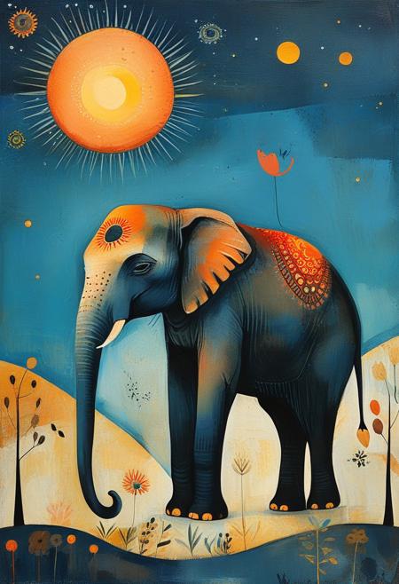 masterpiece,best quality, illustration, style of Rosina Wachtmeister, (an elephant)