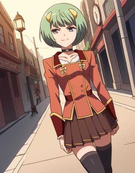 ange, short hair, hair ornament, green hair, bangs, blue eyes skirt, thighhighs, pleated skirt, choker, black thighhighs, zettai ryouiki, brown skirt,