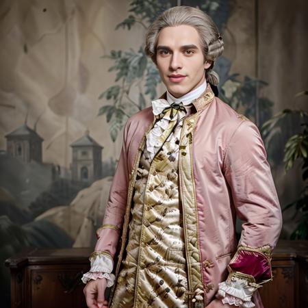 <lora:18th_Century_man_V0-000018:0.75> w16hsl1ps, 1boy, 1man, professional photograph, 4K, 18th century clothes, historical wig, grey hair, simple background, dramatic lighting, ultra realistic photograph, professional art, by Gucci photographer, from waist up, medium shot, pink lips, yellow coat, (from front:1.1), long hair, looking towards viewer, facing viewer, (smiling, laughing:1.1), waist coat, breeches, mole on face,