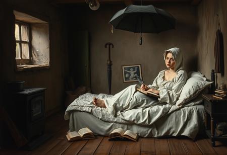 Old Painting in the style of Carl Spitzweg, dark atmosphere, A poor and  ill looking young woman in a dirty messy room with a waterleak at the ceiling and with a little window in the wall on the left an an old iron oven in front of it, sitting in nightgown with a nightcap on a mattress without a bed on the floor under white sheets an pillows, writing in a book with a grey feather, an open umbrella at the ceiling, books lying in front of the bed, wooden floor, in the style of Carl Spitzwegs the poor poet