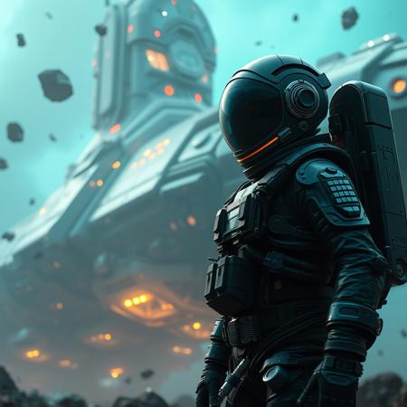 A cinematic shot of an alien astronaut in a vibrant metallic black spacesuit standing in the foreground, with a massive, spacecraft as the backdrop. The spacecraft is adorned with numerous lights, windows, and technical details. The astronaut's suit is equipped with various gadgets and patches. The atmosphere is filled with floating debris and a hazy teal glow