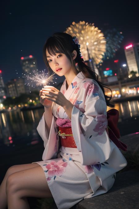 ultra-detailed,highly detailed,best quality,masterpiece,illustration,realistic,
1girl, solo, looking at viewer, brown eyes,
kimono, japanese clothes, sash, obi,yukata, wide sleeves,long sleeves,  floral print,
outdoors, night sky, night,fireworks, sparkler, bug,butterfly, depth of field, blurry background, city, city lights,
long hair,  black hair, hair ornament, hair flower, twintails, bangs,
sitting,  flower,  holding,
<lora:kimono_v1_03:0.7>