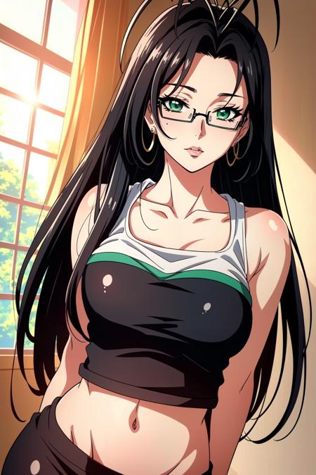 <lora:Chisato Hasegawa:1> Black Hair, Long Hair, Green Eyes, Antenna, glasses, Leggings, Crop Top Tshirt, perfect lighting, ((shining face, shining body)), seductive look, perfect face, make up, eye shadow, ((gorgeous)), Extremely beautiful, perfect, hour glass body, (masterpiece:1.2), (best quality:1.2), cinematic, perfect skin, perfect lighting, textured skin, detail, beauty, wonder, sharp focus, ultra-detailed, illustration, perfect face, ((gorgeous)), Extremely beautiful, perfect, detailed background, alluring, beautiful, seductive, alluring, ((Shonen Style)), (detailed background, intricate background:1.1), beautiful ((Extremely Detailed)), ((Best Quality)), ((Masterpiece)), ((4k))