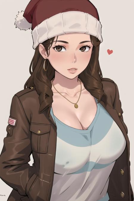 <lora:NTRman:.6>, NTRman, masterpiece, best quality, 1girl, solo, breasts, hat, brown hair, cleavage, beanie, large breasts, lips, brown eyes, necklace, jewelry, realistic, jacket, looking at viewer, striped, bra, upper body, red hat,