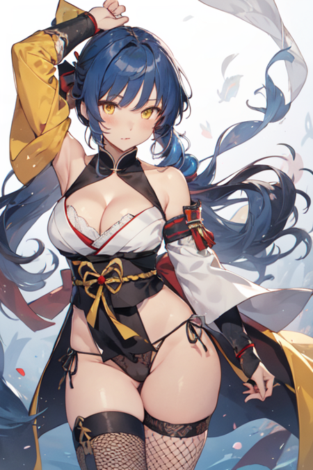 ItsukiBITC, 1girl, solo, very long hair, low ponytail, large breasts, black hair, cleavage, bare shoulders, blue hair, yellow eyes, detached sleeves, japanese clothes, sash, thigh strap, single thighhigh, side-tie panties, pelvic curtain, low ponytail, tabi, string panties, arm guards, fishnet thighhighs, 