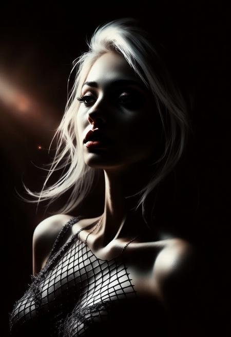 Silhouette Art, magnificent, dark background, portrait of stunning oriental woman, platinum hair, seductive, sultry, lustful, fishnet, light hitting one side of face