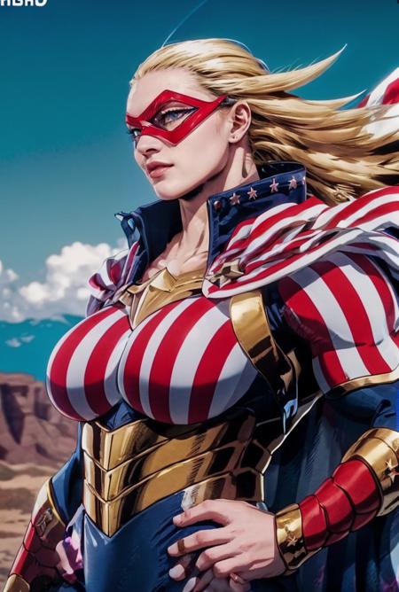 masterpiece, highly detailed skin, hdr, 8k, best quality, high quality, highres, solo, looking_at_viewer, 
ANIME_CathleenBate_MyHero_ownwaifu, www.ownwaifu.com, 
blonde hair, long hair, breasts, blue eyes, large breasts, muscular, muscular female, floating hair, domino mask, mask, tall female, 
superhero, cape, striped, bodysuit, gloves, vertical stripes, flag print, star \(symbol\), american flag print, armor, 
<lora:ANIME_CathleenBate_MyHero_ownwaifu-15:0.8> , 
vibrant, fantasy, detailed, epic, heroic, cinematic photo undefined, 35mm photograph, film, bokeh, professional, 4k, highly detailed