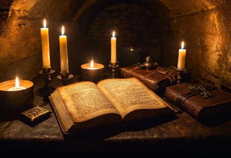 (magic spell book, table, catacombs, dark, dimly lit, dramatic lighting, mysterious atmosphere, (ancient, leather-bound, illuminated, intricate details, mystical), candles, flickering light, shadows), wide-angle shot, low-key lighting, trending on ArtStation, famous artwork, trending on Instagram
