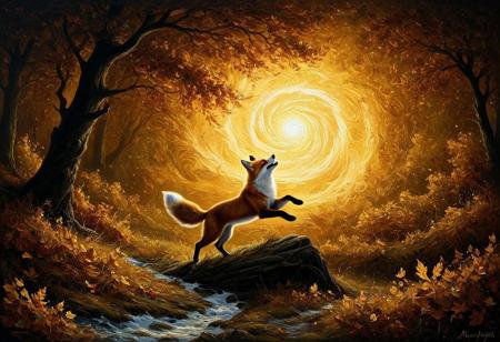 A masterful oil painting in the heroic, beautiful style of Boris Vallejo, but filled with whimsy. In a moonlit clearing, a fox stands joyfully on its hind legs in a dancing pose. It is surrounded by a magical, swirling vortex of autumn leaves, which glow with a warm, inner light. This abstract, painterly vortex is the main light source, creating a beautiful chiaroscuro and casting soft, Aivazovsky-style volumetric rays. Each leaf is a single, thick daub of impasto paint. The atmosphere is pure enchantment, joyful, and deeply magical.