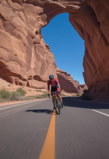 close-up bike race in the Utah desert, very realistic photography, background arches and cliffs of Utah