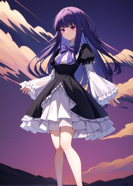 masterpiece, best quality, highres, Frederica Bernkastel, small breasts,  background red clouds, background red field, long hair, blue hair, blunt bangs, purple eyes, bowtie, frills, black dress, puffy sleeves, short over long sleeves, long sleeves, legs, dress, <lora:Frederica Bernkastel anylora8ep40r50r80r-000006:0.7>,  standing, outdoors