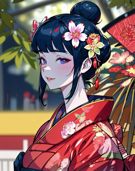 4K, Masterpiece, highres, absurdres,natural volumetric lighting and best shadows, deep depth of field, sharp focus, soft delicate beautiful attractive face,vandread,blonde Nadia with sunglasses and a choker , smiling, vandread drawing style, 
1girl, solo, black hair, hair ornament, upper body, flower, japanese clothes, hair flower, kimono, hair bun, blurry, lips, blurry background, floral print, realistic, red kimono, with a edgJapan haircut
<lora:Dita:0.25> <lora:Nadia:0.35> <lora:zeronis:1> <lora:edgJapan:1>