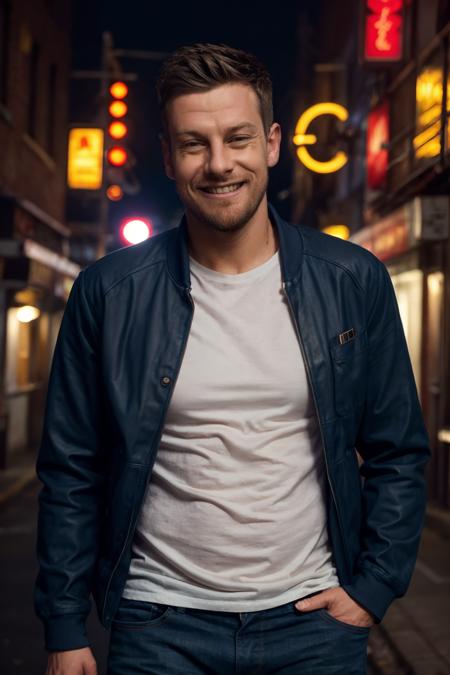 ChrisRamsey, photo of a rugged man wearing leather jacket and jeans and white t-shirt walking down the street, smile, soft focus, photo by mark henderson, cinematic, natural lighting, muted colors, night, bokeh, face portrait, (extreme close up:1), urban, beard, dynamic pose, muscular, fog, red and blue neon city lights, alley, realistic, masterpiece, intricate details, detailed background, depth of field <lora:ChrisRamseyLora:1>