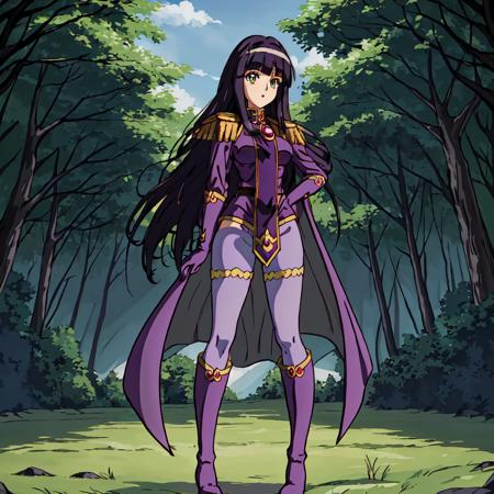 <lora:Sylphiel_Nels_Lahda-10:1>outdoor,forest,Masterpeace,high quality,Sylphiel_Nels_Lahda, 1girl, solo, long hair, black hair, holding, standing, full body, pantyhose, cape, knee boots, purple gloves, purple footwear,hands on hips,epaulettes,blunt bangs,green eyes