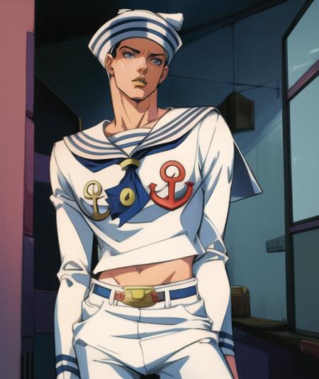 <lora:add_detail:0.87> masterpiece, best quality, 1boy, 19 years old, gappyjojo, full body, hat, looking at viewer, solo, detailed background, detailed face, sailor, bright lighting, male focus, bubbles, belt, pants, anime, araki hirohiko (style), 
 <lora:gappy:1>