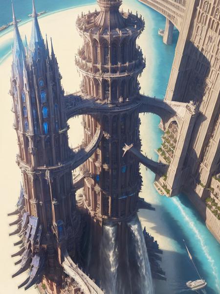 aerial view, stacked architecture city on giant towers and rings with many arches and bridges and sci-fi crystal cathedrals with flying buttresses,  waterfalls, many boats and ships, a matte painting by james gurney, trending on cgsociety, oversaturated, ultra sharp, hyper realistic
