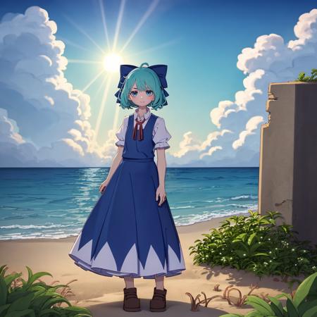 masterpiece, best quality, highly detailed, (1girl, cirno, full body, km), sea, ocean, beach, cloudy, sunrays, dusk, moon, cloud, sky, outdoors, cloudy sky, leaf, ruins, sunbeam, post-apocalypse