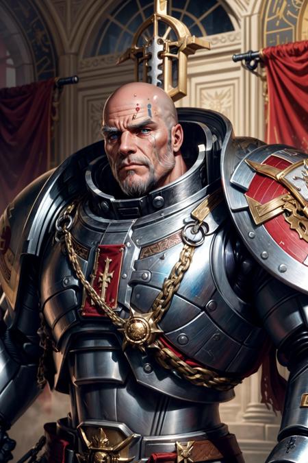 Photo of voldus, gk, full armor, terminator armor, full metal armor, wearing intricate ornamented metal armor, stern face, facial hair, old,
solo, (male:1.2), epic, full metal armor, silver armor, white pelvic curtain, bronze trimmings, tall stature, muscular, blue pupils, bald,  manly, facial scar, cybernetic attachment, tubes, wire, 
((upper body:1.3)) focus, close-up,
<lora:tool - add_detail:1>   <lora:Grey Knights MK1 by CARAXES:0.7>