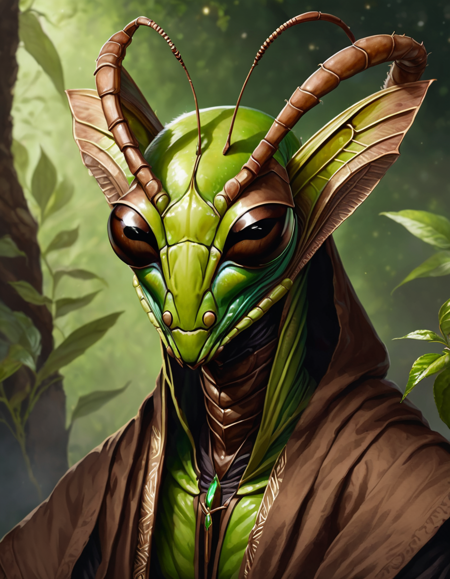 Portrait of a praying mantis cultist, black and brown colors, mask, 8k, fantasy, high quality, highly detailed, intense eyes <lora:FaeStyle:1>