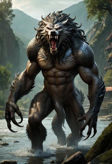 (masterpiece), best quality, large hybrid creature, combine a werewolf and a gorgon, snakes for hair, angry, long claws, riverside setting