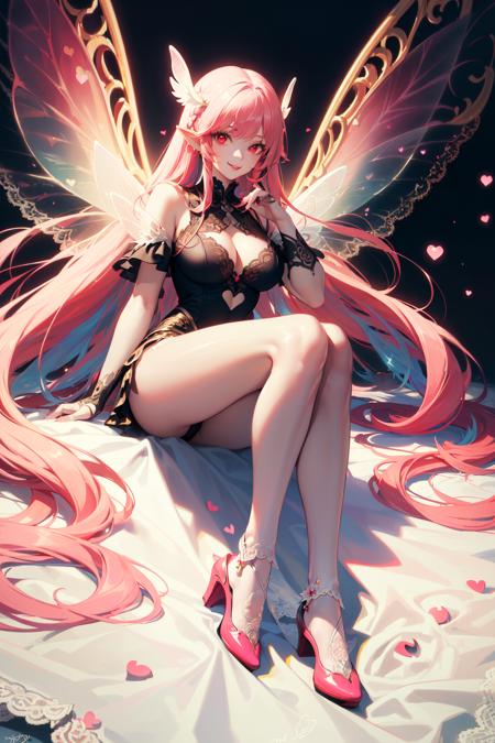 (masterpiece), (realistic), (best quality), (ultra-detailed), amazing, ((fairy of love, red eyes, lace wings, intricate fairy-tale outfit , shoes with hearts, very long white hair with pink strands, multicolored hair, dreamy smile)))), cinematic light, unusual angle and pose,))