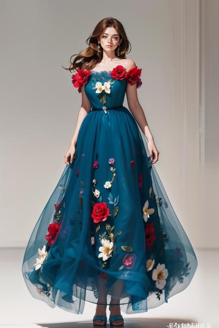 blu3fl0w3rdr3ss, bare shoulders,standing,full body,roses,flowers,blue dress,strapless dress,long dress <lora:blu3fl0w3rdr3ss:0.75>  <lora:detail_slider_v4:1> <lora:Fr3ckles:0.8> Fr3ckles,  ginger hair, long hair,  grey eyes, freckles, 1girl, <lora:age_slider_v20:1> large breasts,  <lora:weight_slider_v2:0.8>  white background,