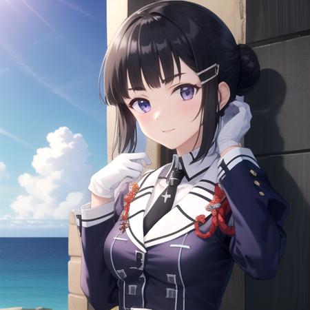 ((masterpiece)),(best quality),official art,extremely detailed CG,unity 8k wallpaper,ultra detailed,A lighthouse on a cliff by the sea,1girl,solo,upper body,(portrait:1.2),myoukou (kantai collection),medium breasts,blunt bangs,black hair,black skirt,hair bun,long sleeves,white pantyhose,pencil skirt,puffy long sleeves,puffy sleeves,looking at viewer,thick eyebrows,military uniform,white gloves,eyebrows visible through hair,high heel boots,purple jacket,hair ornament,hairclip,black necktie,black belt,<lora:Myoukou(kan)>,