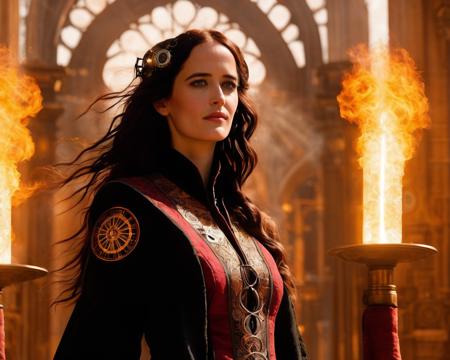 eva_green, <lora:EvaGreenXL:1>, detailed image of a steampunk priestess with long hair, in a futuristic steampunk cathedral, red and black robe,mystically glowing vest, intricate patterns, steampunk goddess, radiating colored aura, glowing, otherworldly, dreamy,  mystical, religious experience, altar, columns, sunrise, golden hour,wind,storm, (steampunk),backlighting,reflections,explosions, electric wire tree,smoke,gate,black feathers,flames from behind, ((perfect eyes, detailed eyes,realistic eyes)), ((sharp face, detailed face, realistic face, naturtal skin, realistic skin, detailed skin, pores))