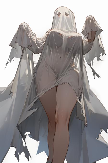 (ghost_costume:1.4),solo,large breasts,see-through,torn clothes,from below,white background <lora:ghost_costume:1>