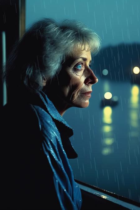 <lora:Roger Deakins Style:1>Roger Deakins Style - older female, blue eyes, looking out a window to a wharf, night, fog, rain. 1980s The composition should be a close up, taken with a virtual 80mm lens, Shallow depth of field, The image should be highly detailed, high-resolution 16k, with a 16:9 aspect ratio.