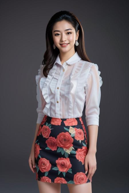 ((Masterpiece, best quality, cinematic lighting, 8k, full body shot, long hair)), (smile:0.85), (realistic scenic background)
<lora:Ruffled_Office_Dress_By_Stable_Yogi:1> ruffled shirt, floral print pencil skirt