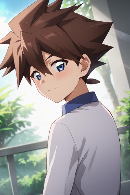 hokuto hayasugi,brown hair, blue eyes,spiked hair,  glasses blue shirt, bodysuit,headset weapon