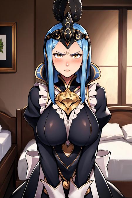 masterpiece, best quality, arete, feather, helmet, fates maid, bedroom, furrowed brow, annoyed, blushing, large breasts <lora:arete-nvwls-v1-000010:0.8> <lora:FEFatesMaid_v1:1>