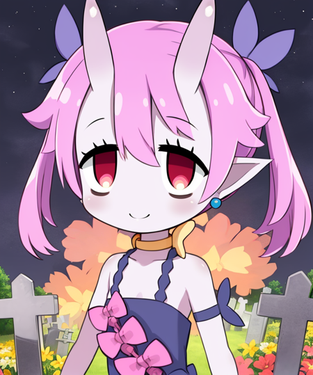 bieko,pink hair,oni horns,pointy ears,colored skin,red eyes,twin tails,upper body,
purple sleeveless dress with flowers,jewelry,bare shoulders,
hair ornament,wrist cuffs,
standing,smiling,
stars,graveyard,
(insanely detailed, beautiful detailed face, masterpiece, best quality),<lora:bieko-10D6:0.8>,