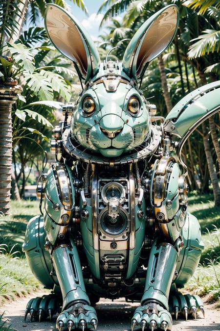 ((masterpiece)), ((best quality)), 8k, high detailed, ultra-detailed, A mechanical rabbit, harmoniously integrated into the beauty of nature, capturing the balance between technology and the environment, ((nature)), ((harmonious integration)), ((technology and environment balance)),  gear mechanisms, under the tree,light rays,<lora:Mechanicalrabbit:0.7>