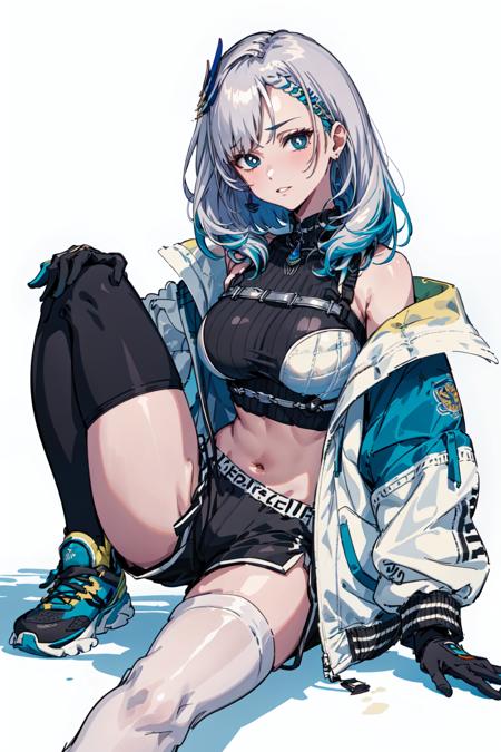 pavolia_reine braided bangs, thighhighs, stomach cutout, jewelry, feather hair ornament, navel, feathers, hair ornament, detached sleeves, long hair, earrings, grey hair, side ponytail, dress thighhighs, shorts, multicolored hair, blue hair, black shorts, blue eyes, black gloves, earrings, white jacket, sneakers